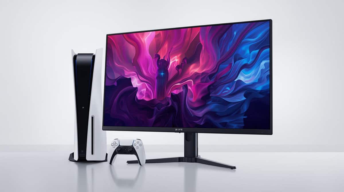 The best monitor for PS5 showcasing vibrant colors next to a PS5 console and DualSense controller on a minimalist setup