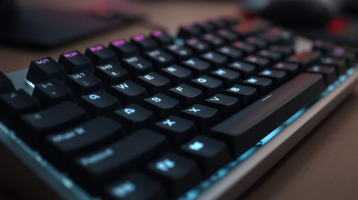 A 50% keyboard with black caps and teal numbering 