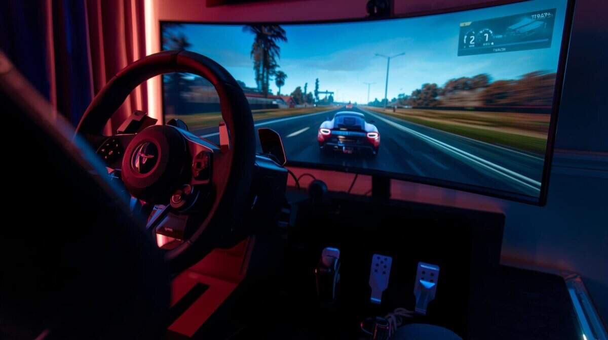 Gaming steering wheel cockpit setup with three-pedal set and curved monitor showing a sports car on track