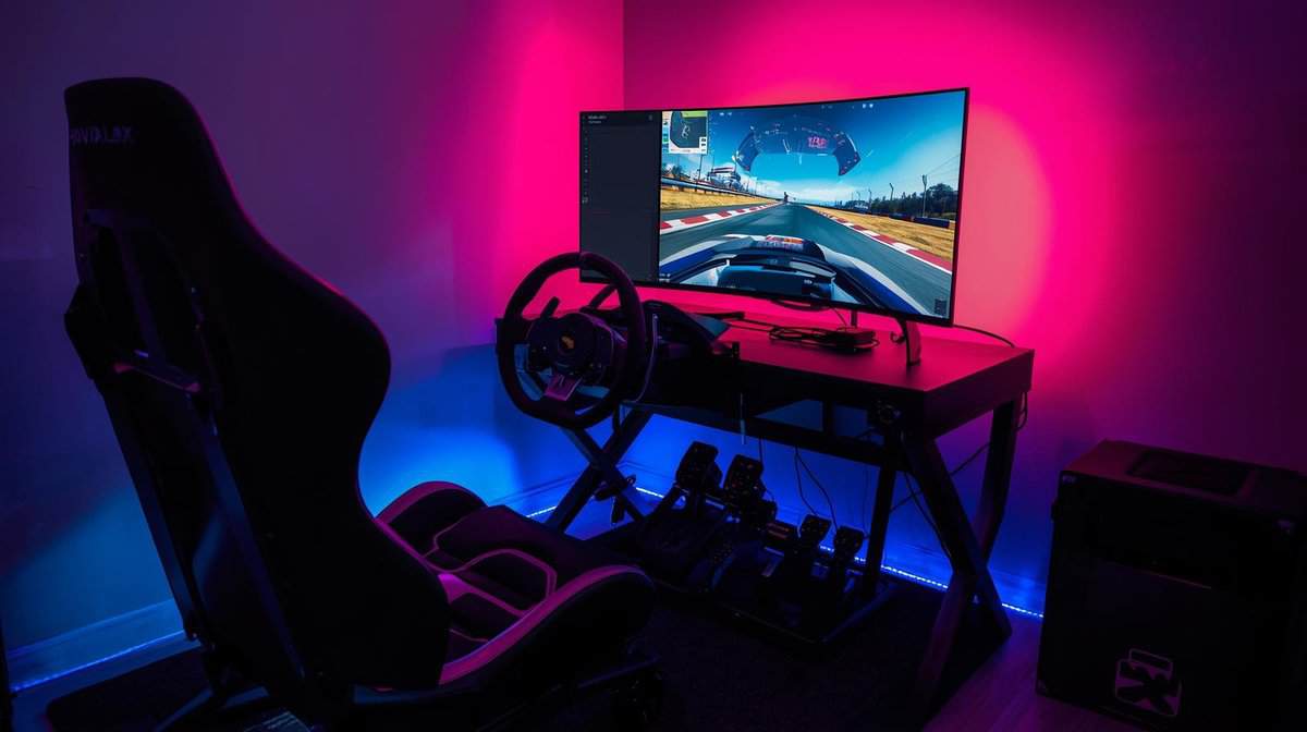 Gaming steering wheel and pedal setup on a wheel stand with racing seat and curved monitor in RGB-lit room