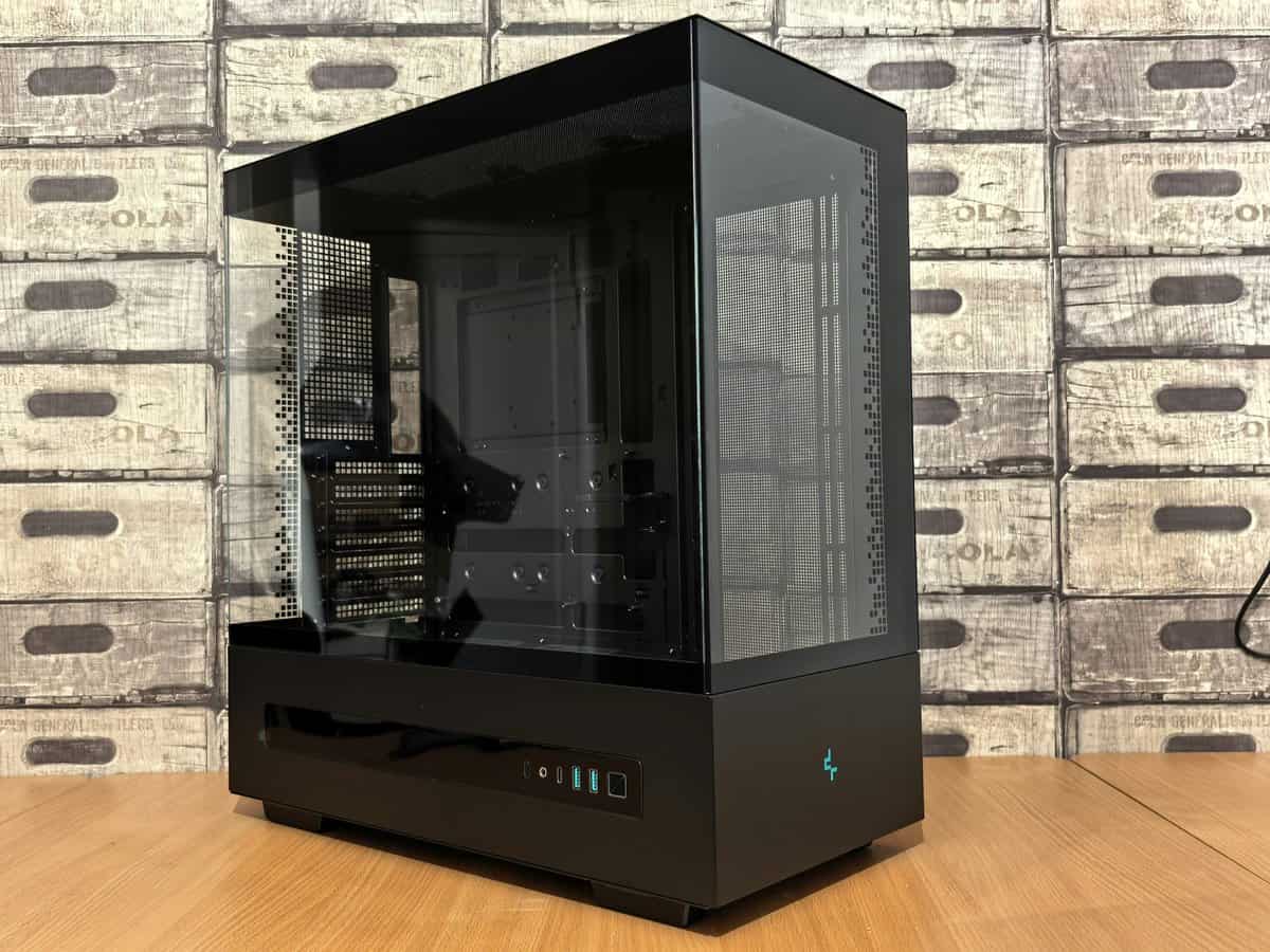 Black gaming PC case with dual tempered glass panels, mesh ventilation, and front panel USB ports