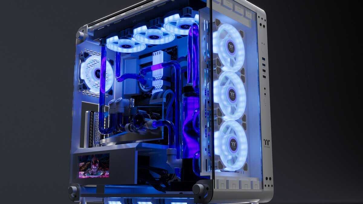 How to build a gaming PC premium Thermaltake case with custom water cooling loop, white RGB fans, tempered glass panels, and purple-blue LED lighting