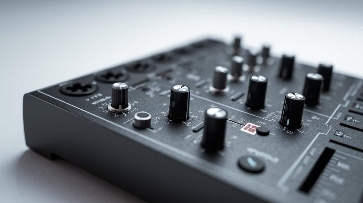 Close-up of audio mixer for PC showing EQ knobs, XLR inputs, and faders