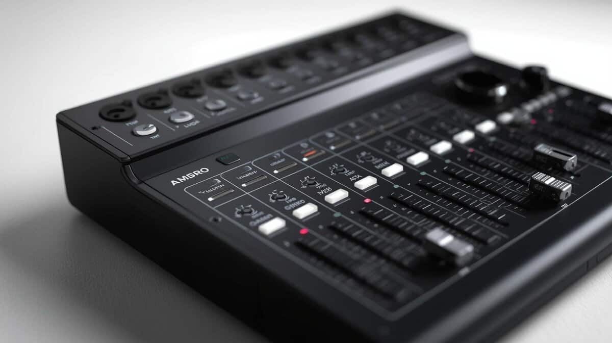Compact audio mixer for PC with faders, XLR inputs, and control knobs