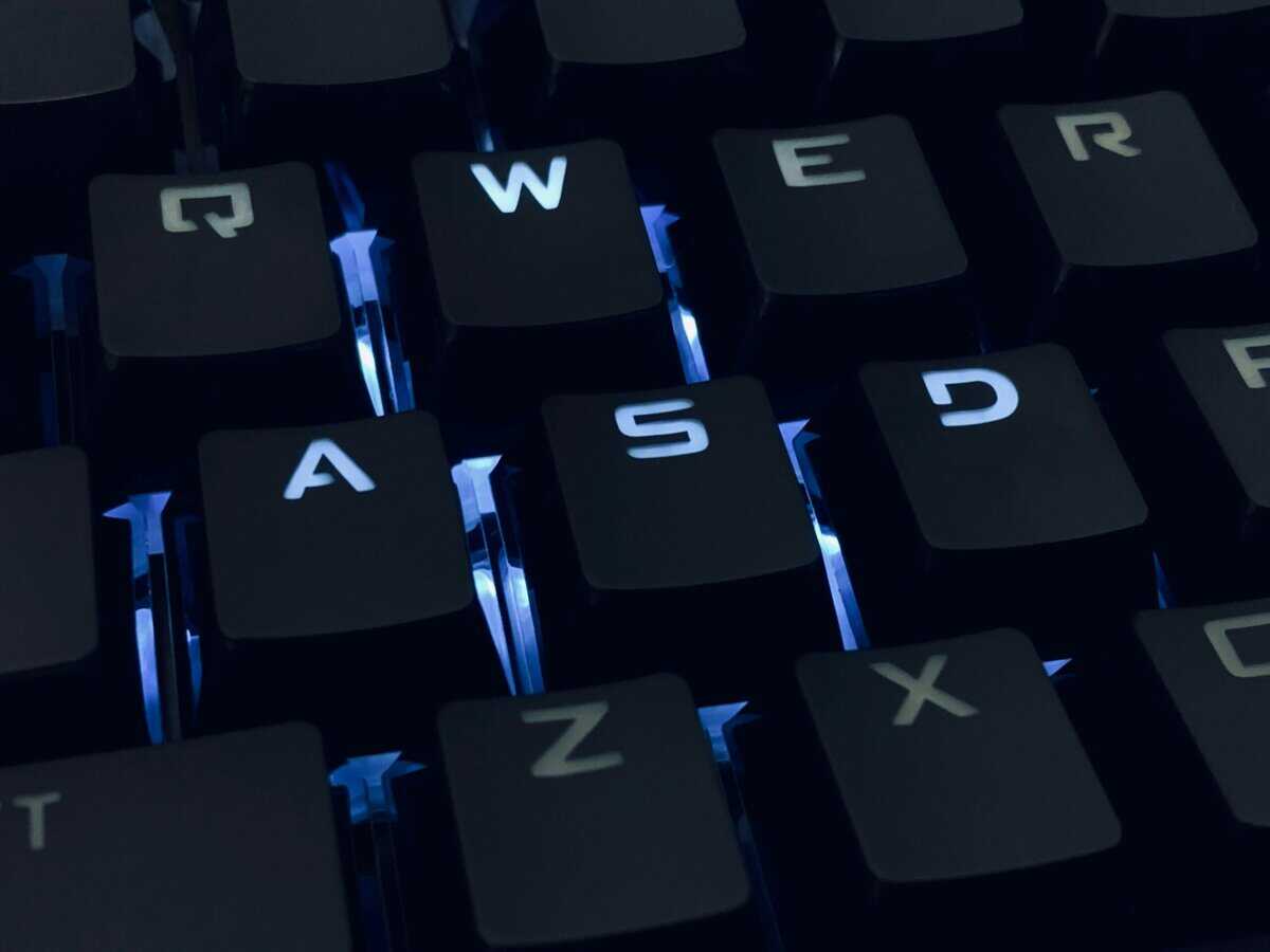 Best budget mechanical keyboards close-up of WASD keys with blue LED backlighting