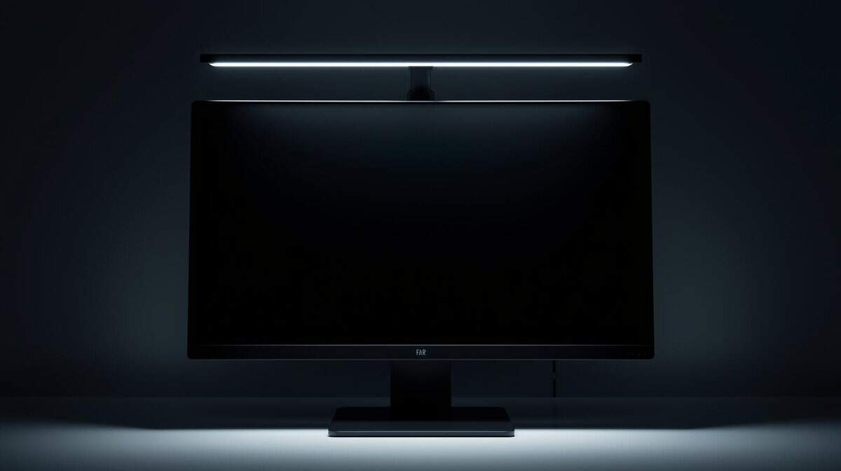 Monitor light bar attached to a flat screen display illuminating the desk surface without screen glare