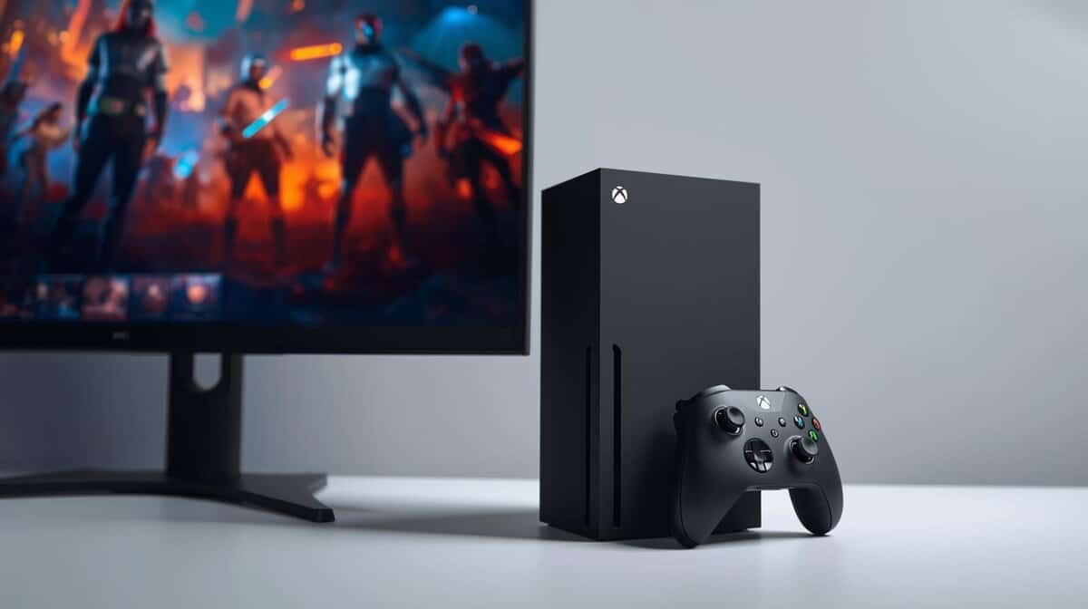 Best monitor for Xbox Series X displaying an action game next to the console and controller