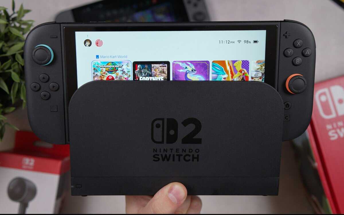 Nintendo Switch 2 in dock with home screen showing Mario Kart World and game library ready for capture card for Nintendo Switch streaming setup