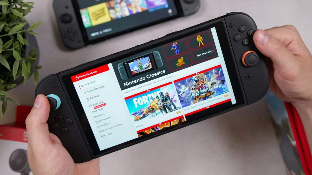 Handheld Nintendo Switch browsing eShop classics before using capture card for Nintendo Switch gameplay recording