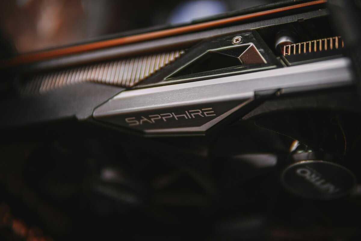 Best graphics card for 1440p gaming close-up of a Sapphire GPU heatsink and fan design