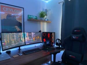 Gaming desk setup ideas with a dual monitor workstation and RGB lighting