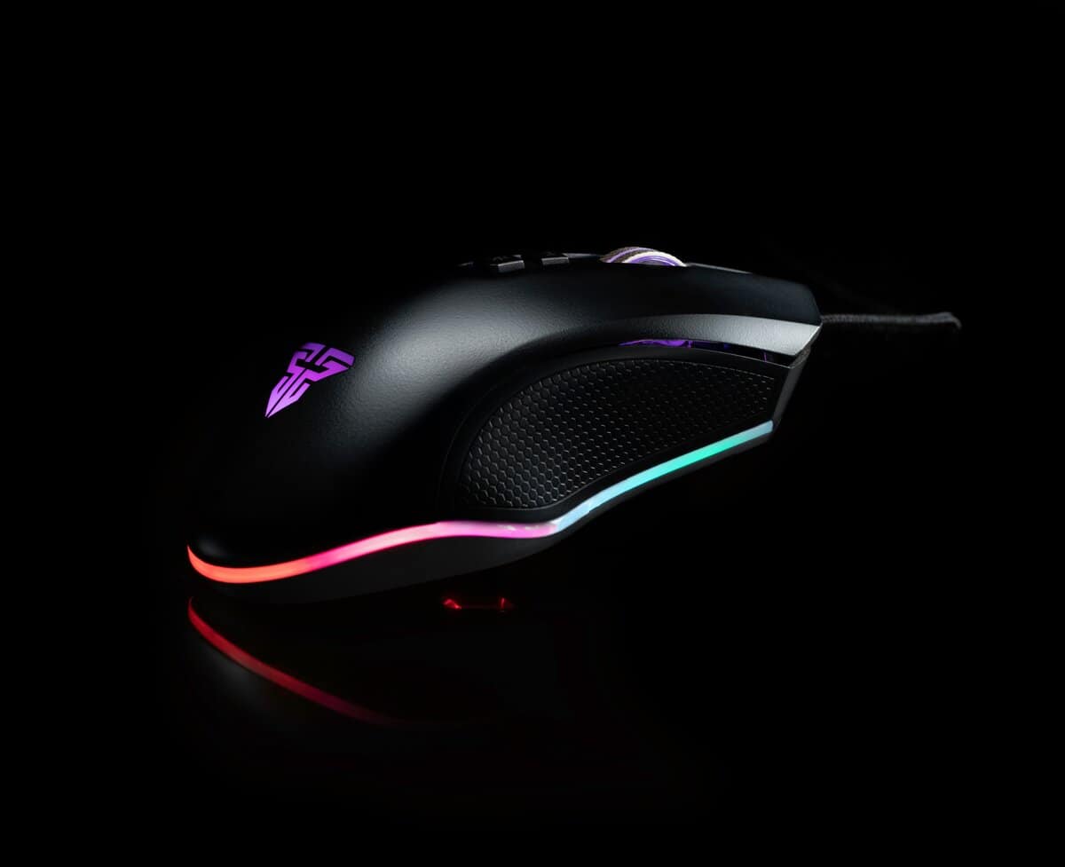 Side profile of a 12-button mouse showing textured grip and RGB lighting