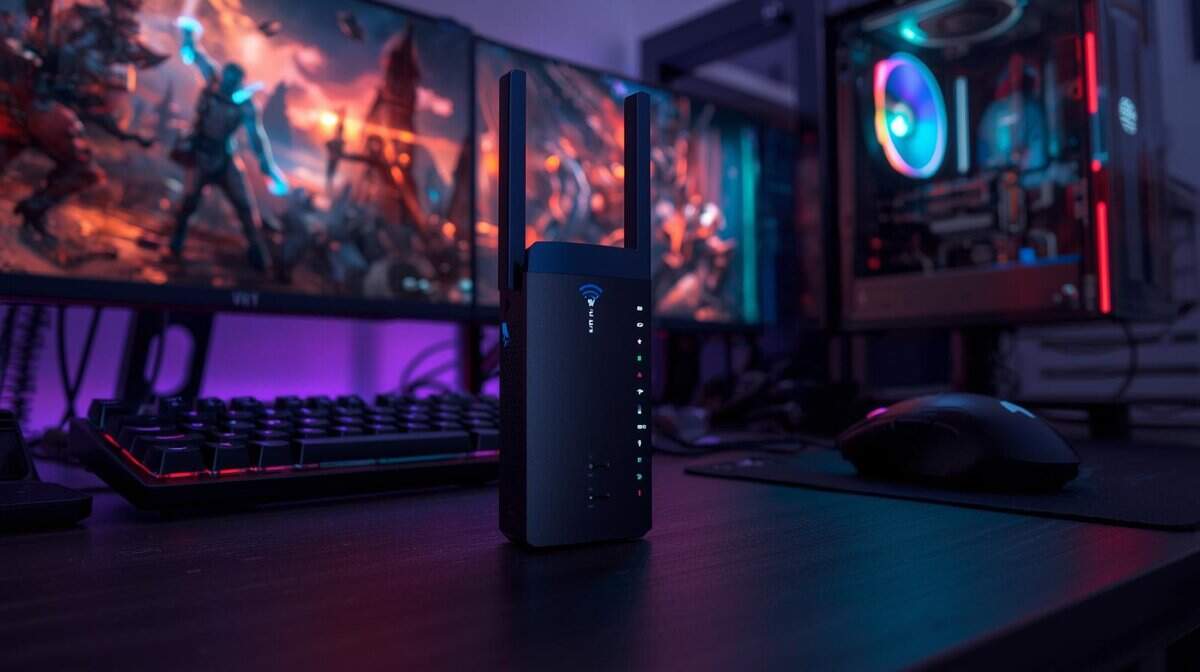 Best WiFi extender for gaming sitting on a desk next to a keyboard and mouse with gaming monitors in the background