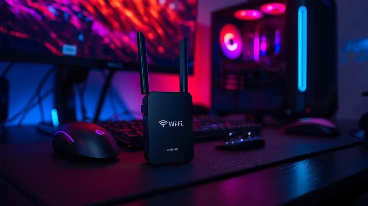 Best WiFi extender for gaming with dual antennas on a gaming setup with RGB lighting