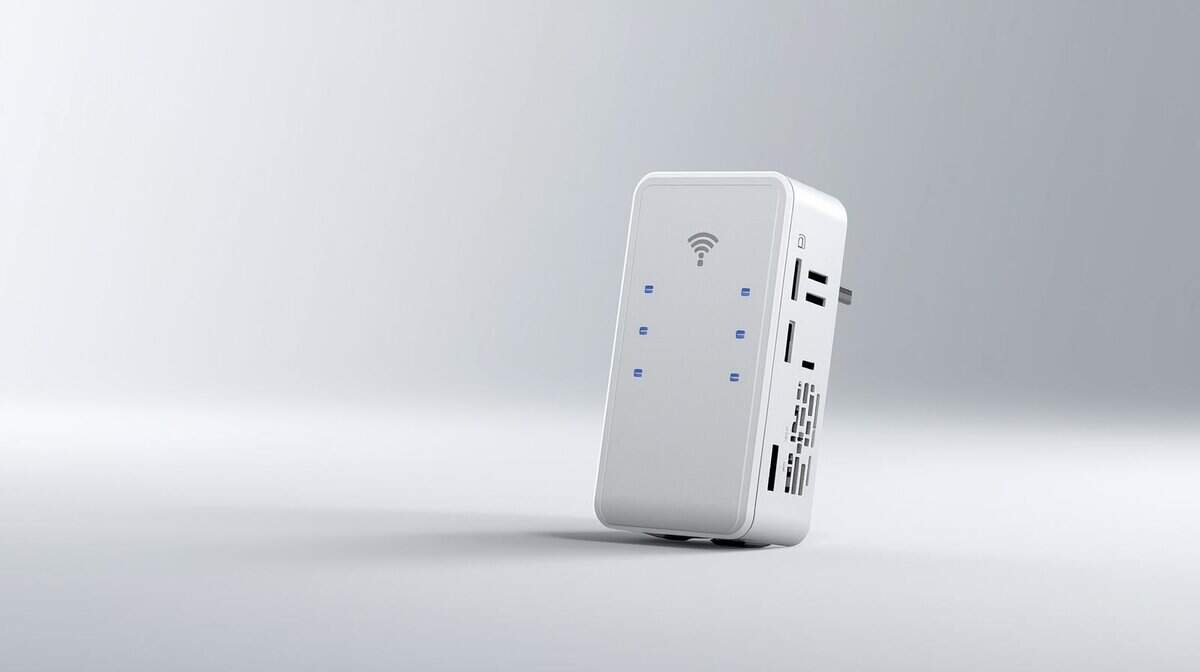 Best WiFi extender for gaming in a compact wall-plug design showing indicator lights and Ethernet ports