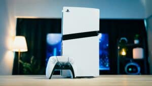 PlayStation 5 console set up on a TV stand, the kind of base build many players compare in the PS5 Pro vs PS5 decision