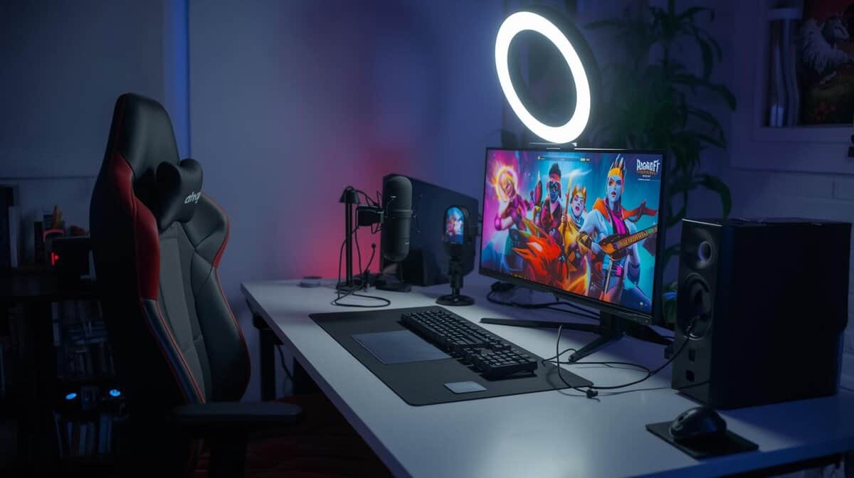 Ring light positioned behind a monitor in a streaming setup highlighting the best lighting for streaming with even facial illumination