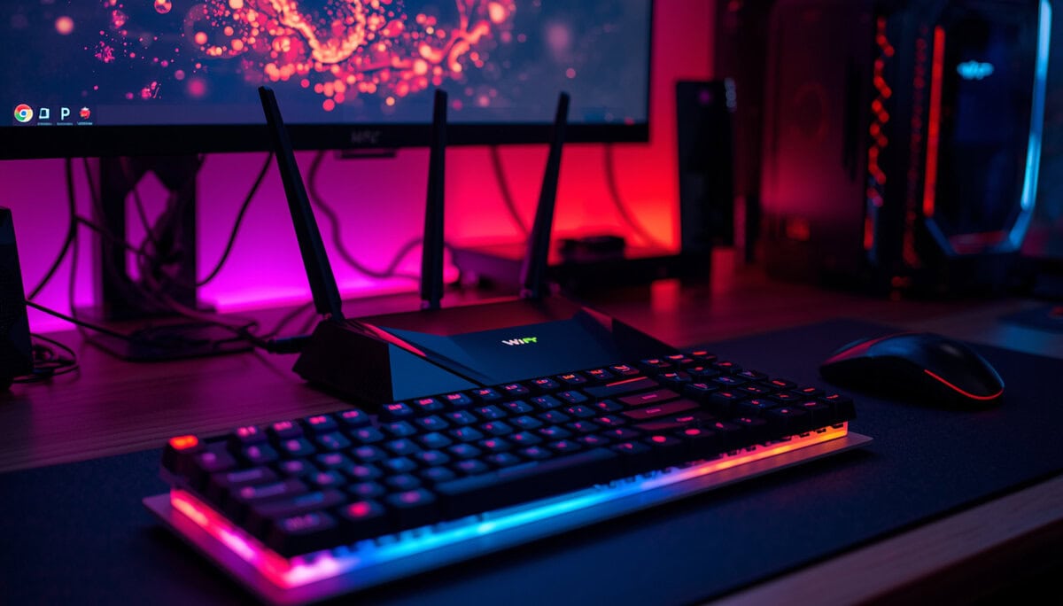 Gaming desk setup with a Wi-Fi router behind an RGB keyboard and monitor, showing how the best gaming router fits into a gaming station