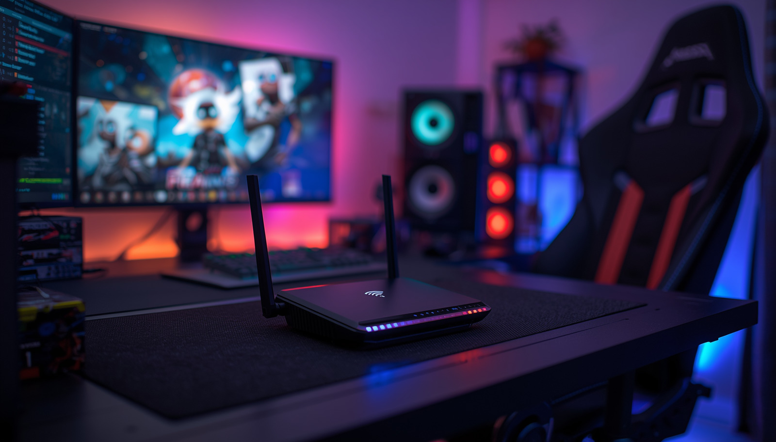 Gaming router on a desk with dual monitors, a gaming PC tower, and a gaming chair in the background, the ideal placement for the best gaming router