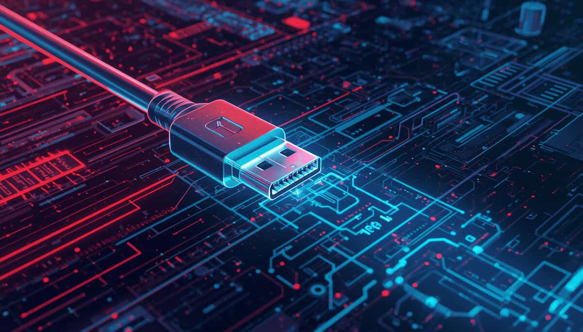 Digital art of a DisplayPort cable connector over a circuit board with red and blue lighting, illustrating the displayport vs hdmi for gaming bandwidth difference
