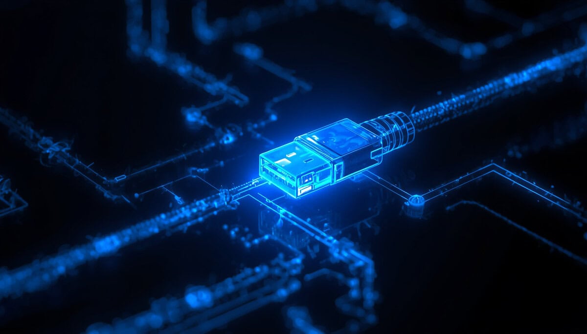 Stylized digital illustration of a glowing blue cable connector on a circuit board, representing the displayport vs hdmi for gaming connection choice