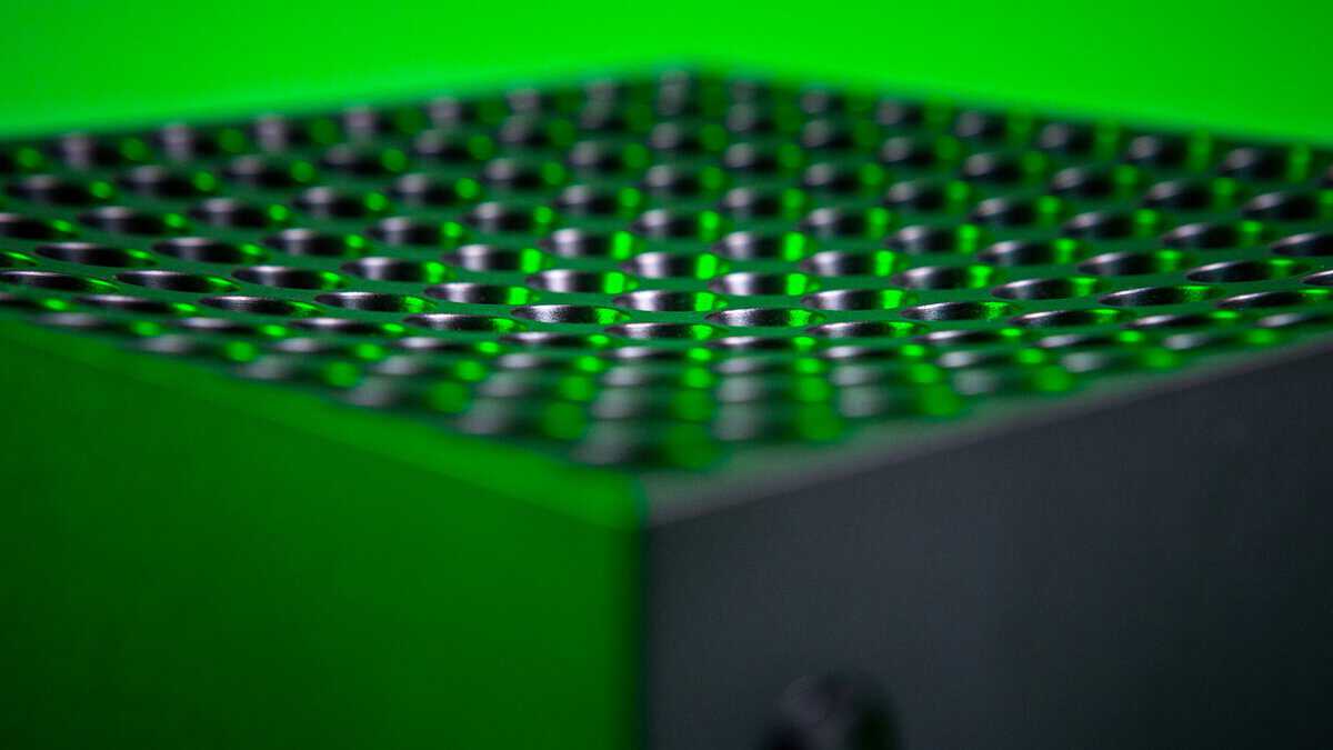Close-up top-down view of the Xbox Series X mesh ventilation grille, the kind of design detail that drives the best Xbox Series X accessories conversation about cooling and stand placement