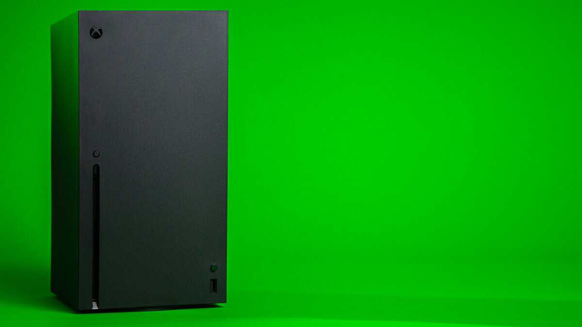Side profile of an Xbox Series X console on a green background showing the optical disc drive, the platform every best Xbox Series X accessories pick is meant to support