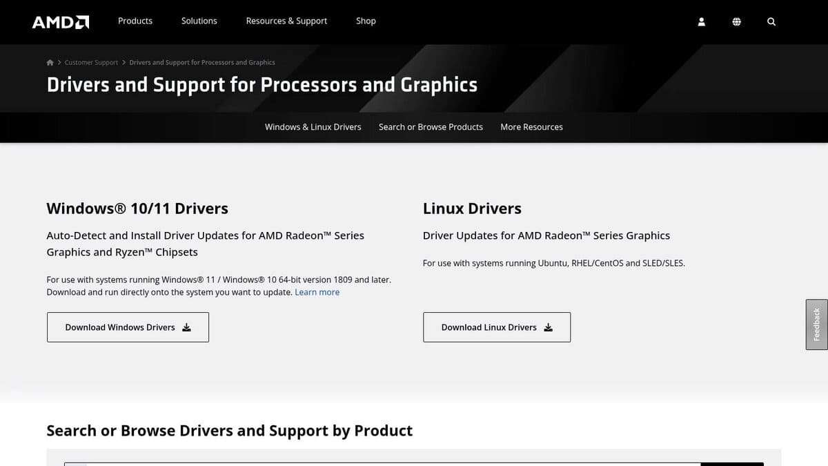 AMD Drivers and Support download page, the first stop when learning how to undervolt your GPU on a Radeon card