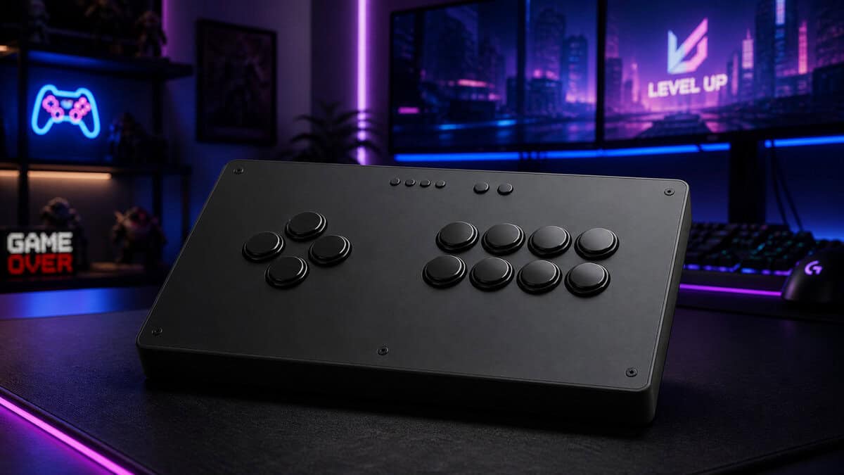 Leverless arcade-style fight controller on a neon-lit desk, the modern choice in the best controller for fighting games conversation