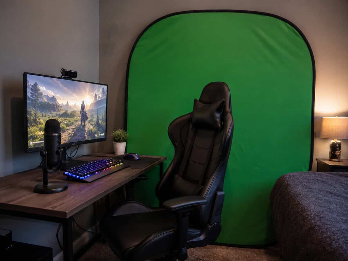 Gaming chair desk setup with a pop-up green screen, a real-world install of the best green screen for streaming