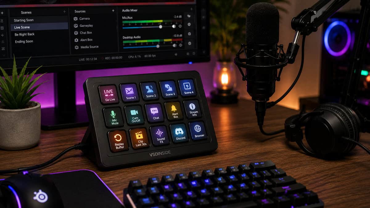 VSDinside Stream Dock M18 next to a gaming keyboard, a popular best stream deck alternative for budget-focused streamers