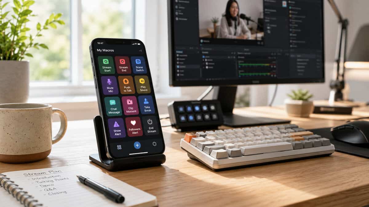 Phone running a macro control app next to a small hardware pad, illustrating the best stream deck alternative for those without dedicated hardware