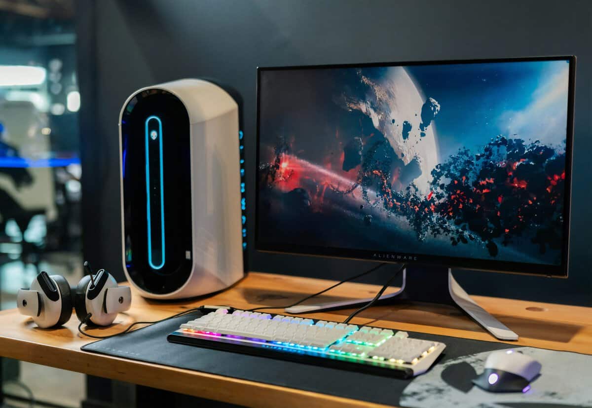 Alienware curved gaming monitor on a dark desk, the kind of display at the center of the 27-inch vs 32-inch monitor debate