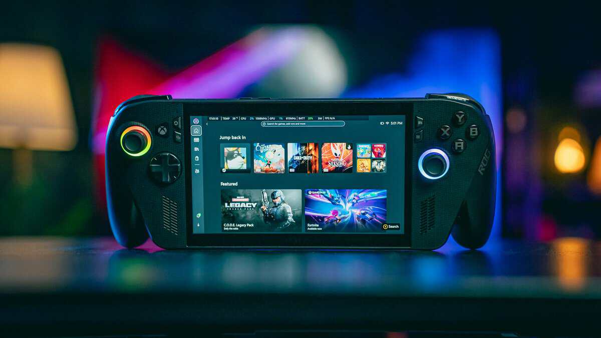 Close-up of a handheld gaming PC screen and controls, a detail that matters in the Steam Deck vs ROG Ally decision