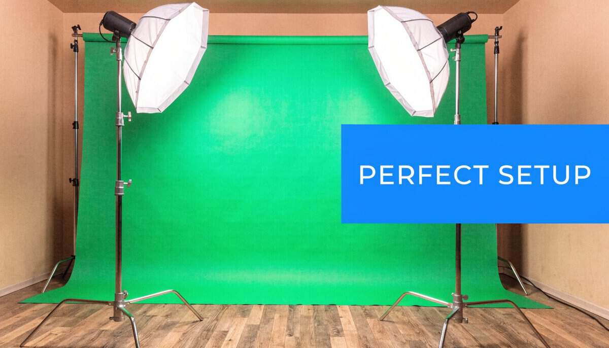 Studio green screen between two softbox lights, the perfect lighting setup that pairs with the best green screen for streaming