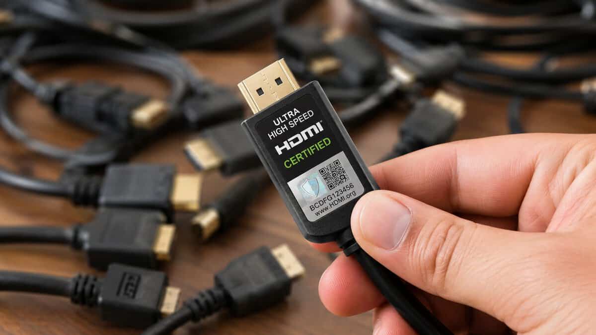 Close-up of an HDMI cable connector, the core question in the HDMI 2.0 vs 2.1 upgrade decision