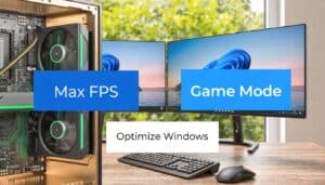 PC gaming setup with motherboard, dual monitors, keyboard, and mouse — guide on how to optimize Windows 11 for gaming