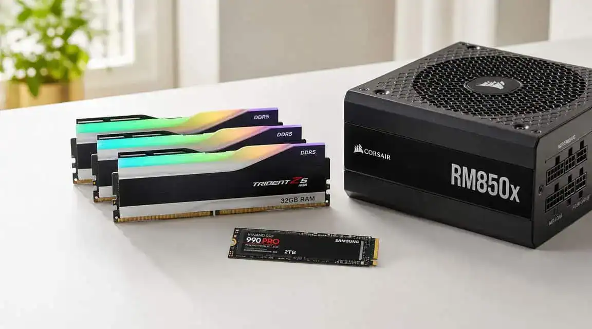 Power supply, DDR5 RAM sticks, and a 2TB NVMe SSD — the supporting parts of a streaming PC build