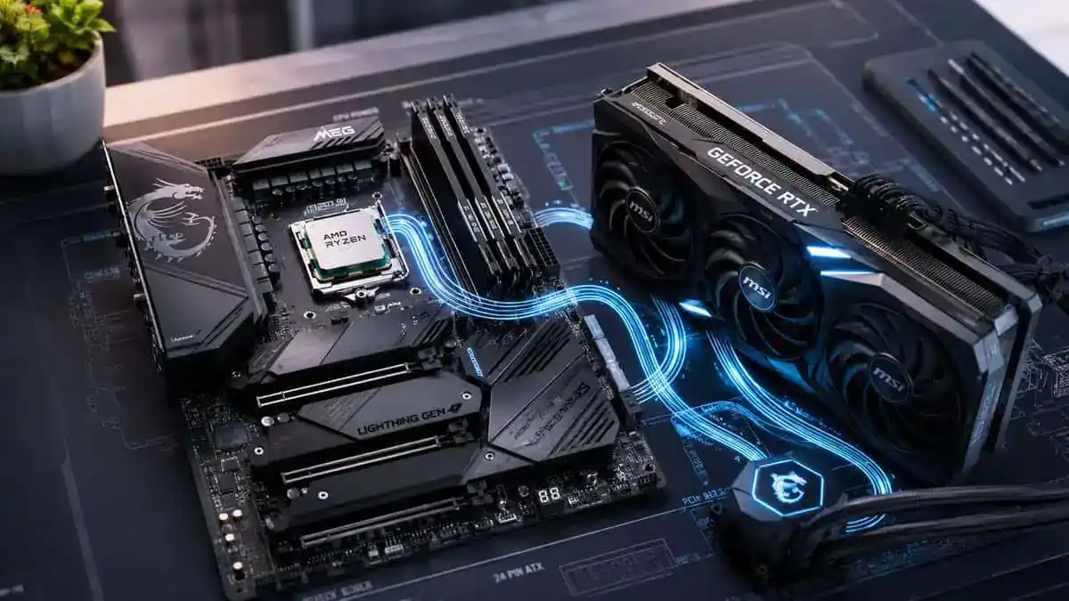 MSI motherboard, AMD Ryzen processor, and GeForce RTX graphics card laid out for a streaming PC build