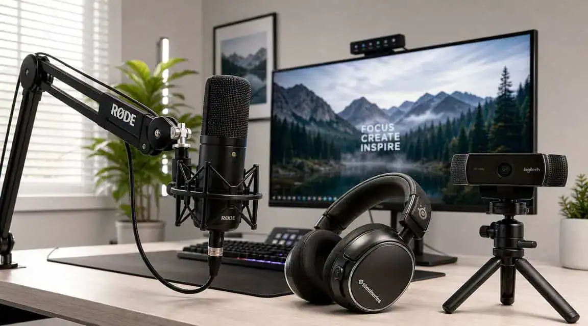 Rode microphone, SteelSeries headset, and Logitech webcam, the key peripherals that finish a streaming PC build