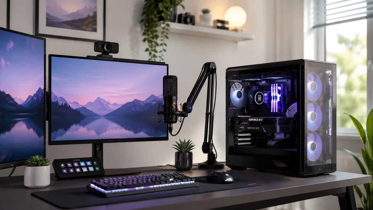 Gaming and streaming desk setup with a glowing PC tower, the goal of a 2026 streaming PC build