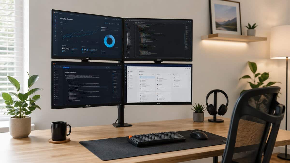 A productivity 4-monitor setup in a 2x2 grid on a single quad stand, displaying an analytics dashboard, a code editor, and project boards