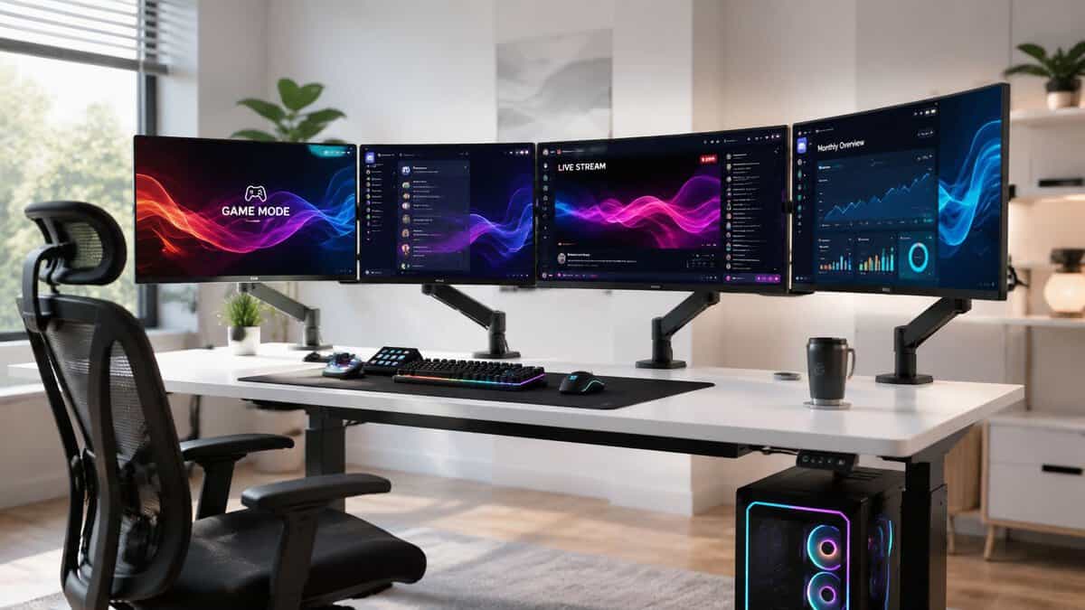 A 4-monitor setup on black articulating arms above a white standing desk, with a game, Discord, a live stream, and a stats dashboard across the screens