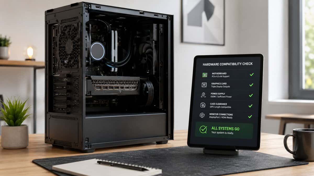 Checking GPU ports for a 4-monitor setup, an open PC case beside a tablet showing a green All Systems Go compatibility result