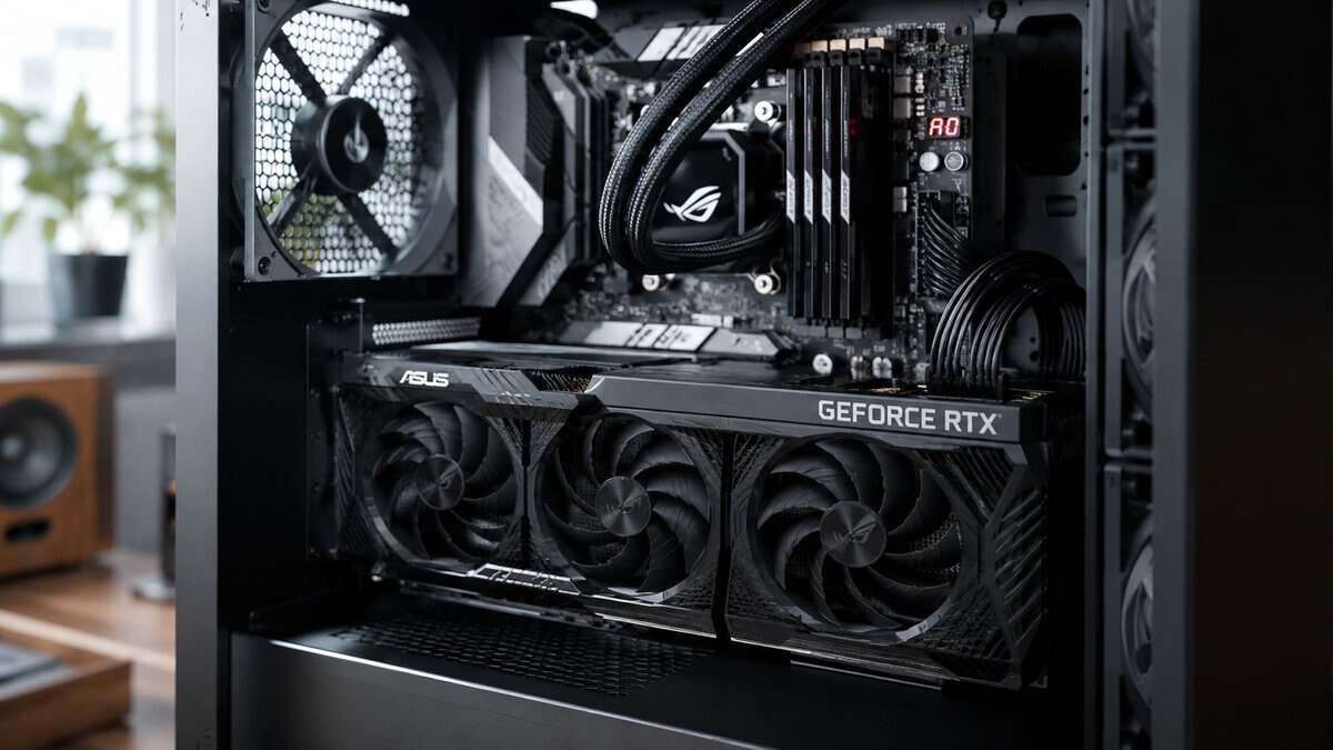 Inside a gaming PC, a triple-fan ASUS GeForce RTX card with an AIO liquid cooler and ROG motherboard, the cooling an RTX 5070 Ti vs 5080 build needs