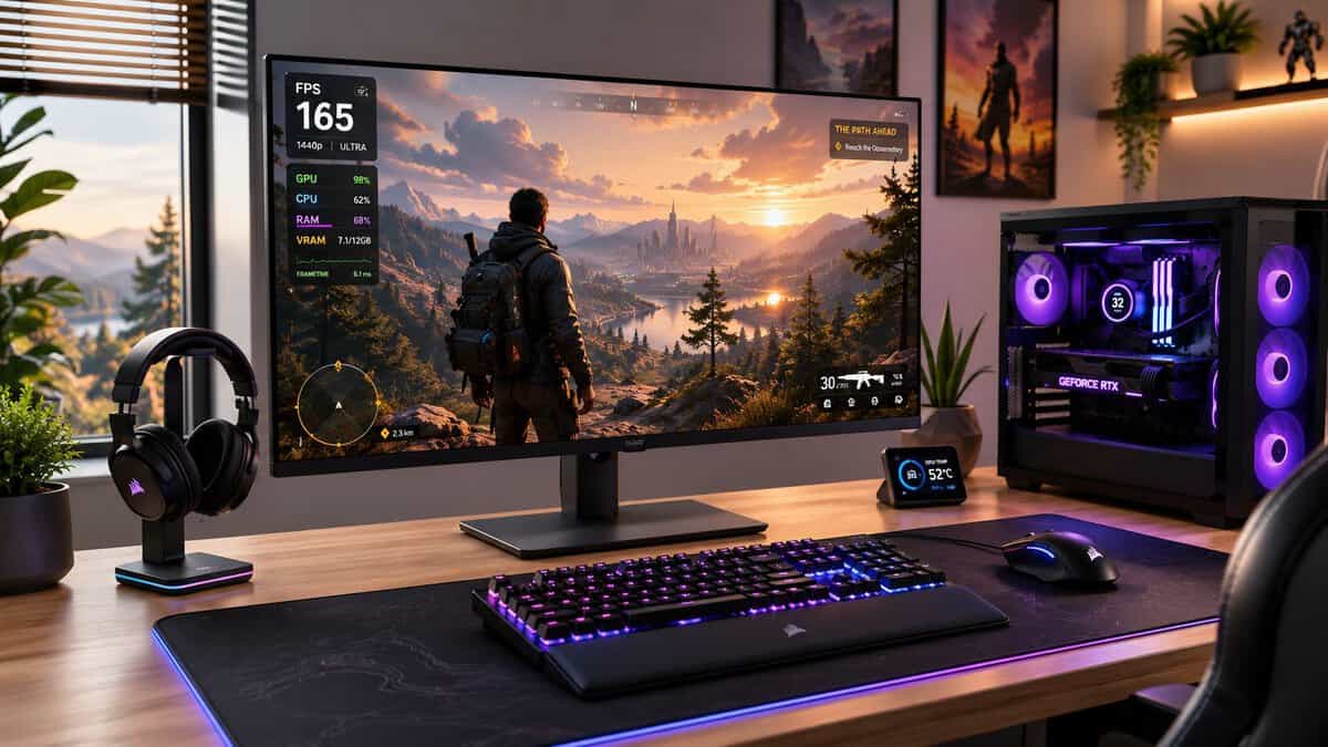 A gaming PC with a GeForce RTX card running a game at 165 FPS, 1440p Ultra with a performance overlay, the build the RTX 5070 Ti vs 5080 choice shapes