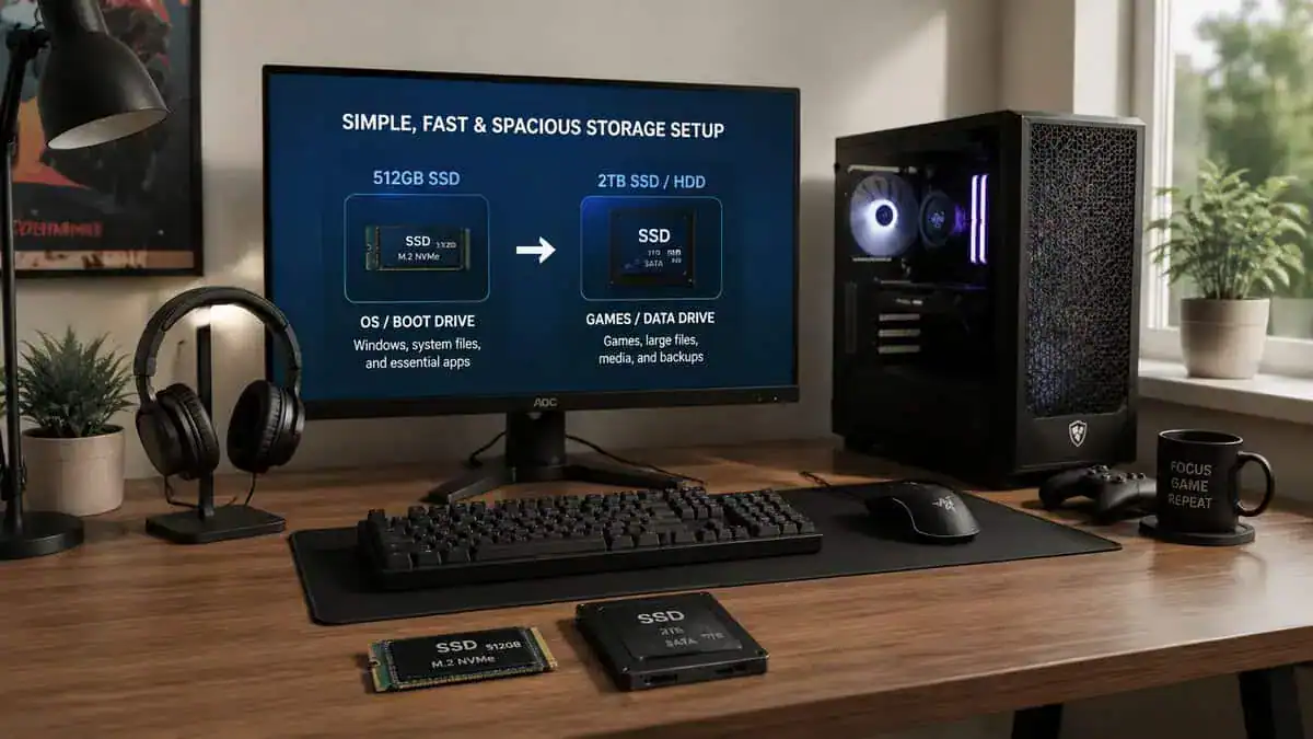 A modern computer desk setup displaying a storage configuration guide on an AOC monitor between SSDs.
