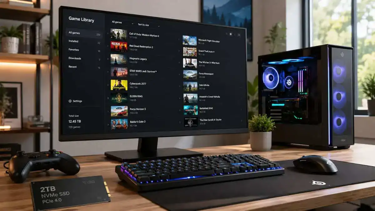 A gaming PC setup with a monitor showing a massive game library, the kind of NVMe SSD storage the 512GB vs 1TB vs 2TB SSD choice affects