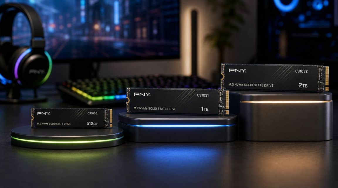 Several M.2 NVMe SSDs laid out on a desk, the drives compared in this 512GB vs 1TB vs 2TB SSD guide for gamers