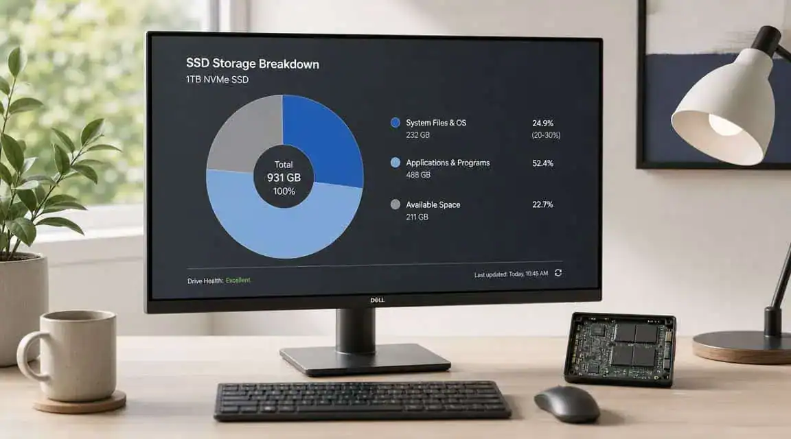 An SSD storage breakdown pie chart on a monitor, illustrating capacity use in the 512GB vs 1TB vs 2TB SSD decision